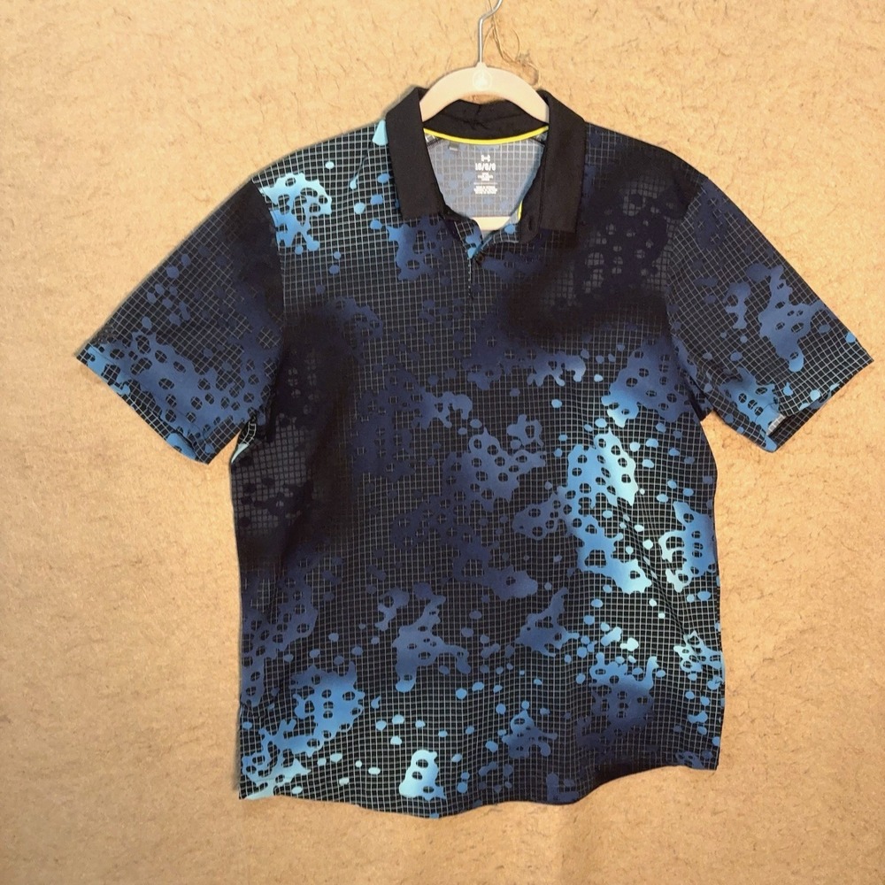 Under Armour Curry Polar Polo Shirt Mens Sz L Blue Black Geometric Fitted Logo